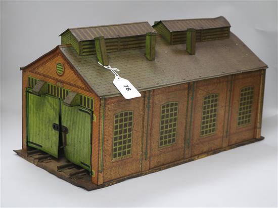 A Hornby twin engine shed tinplate, brickwork design